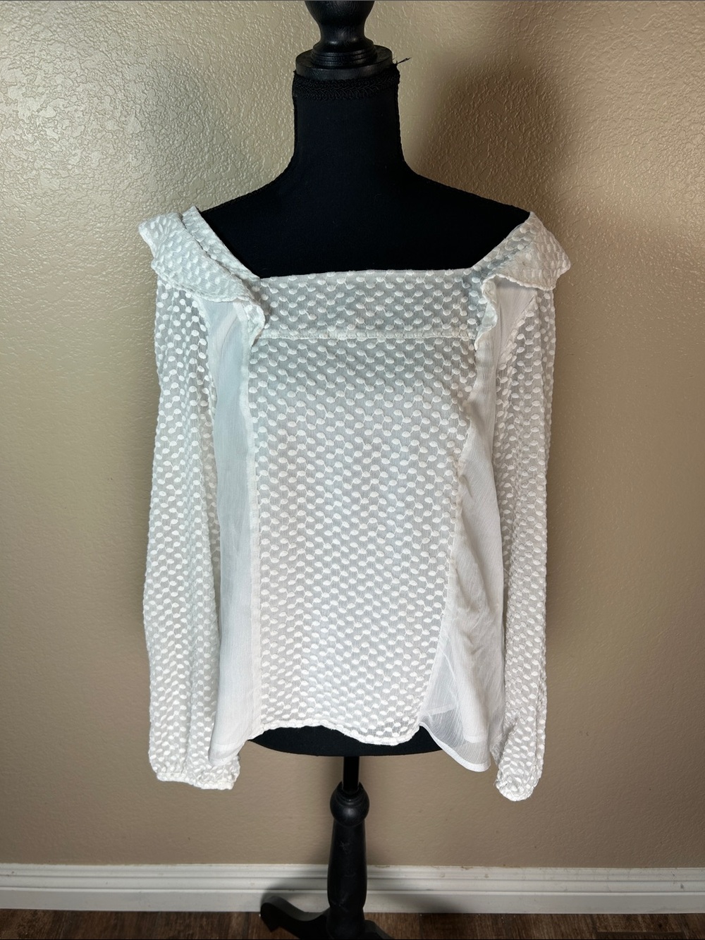Banana Republic White Textured Eyelet Ruffle Long Sleeve Top M
